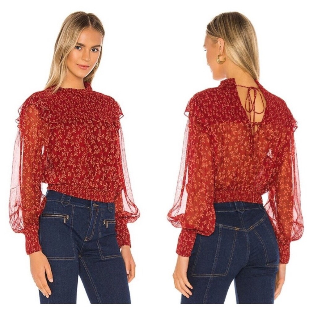 FREE PEOPLE Red Berry Roma Boho Floral Smocked
Long Sleeve Blouse size L